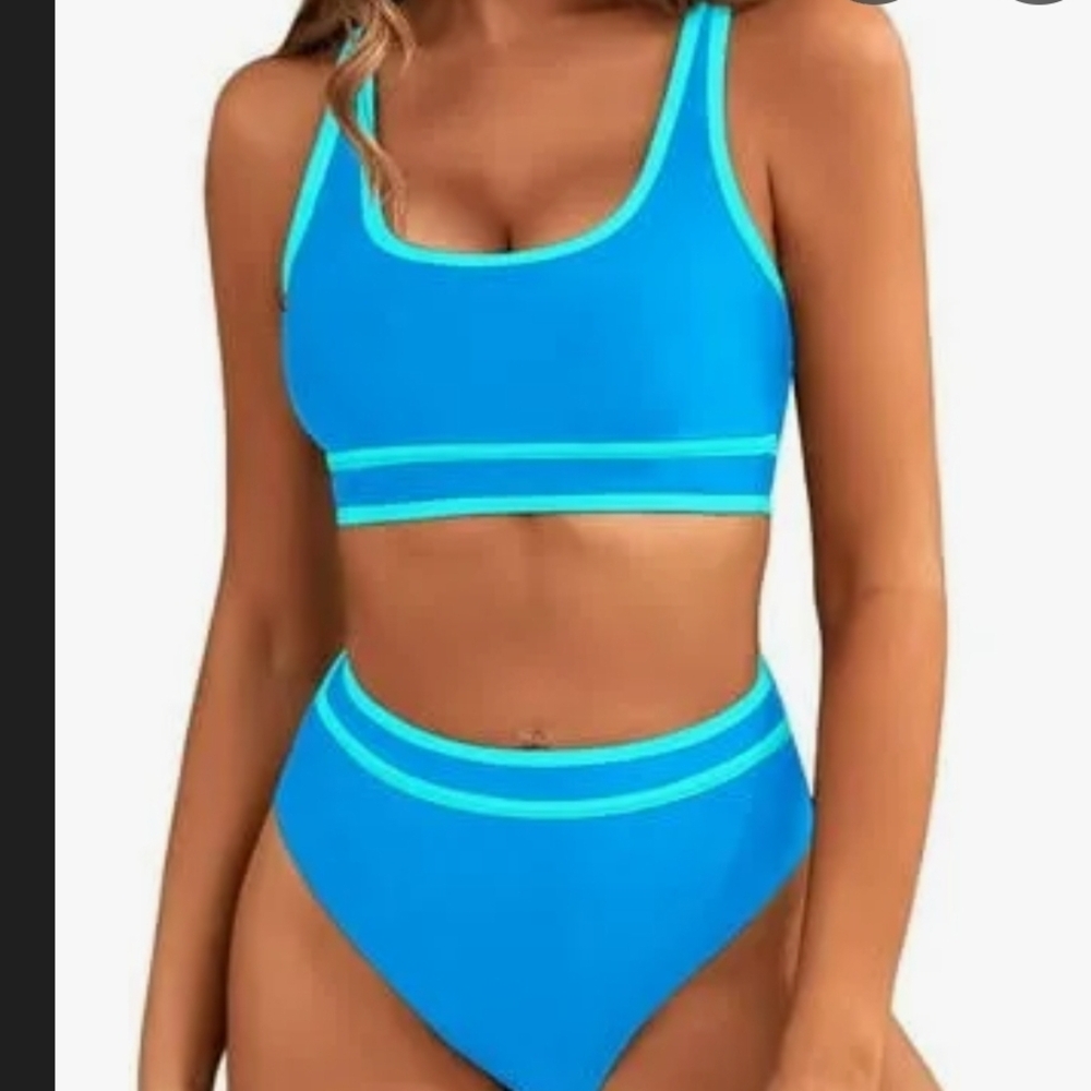 Azure Blue Racerback Bikini with High-Waisted Bottoms